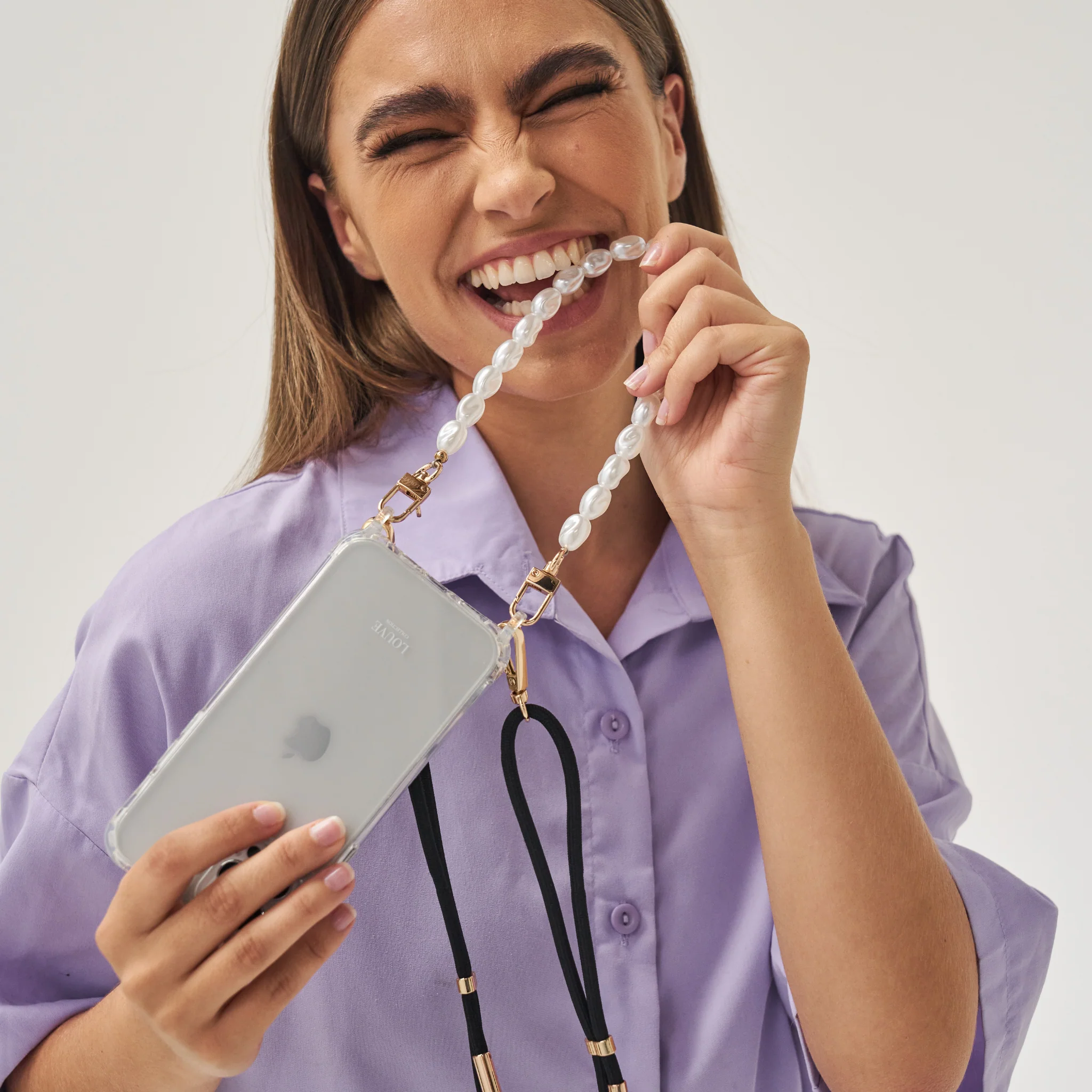 Clear Phone Case + Pearl Wristlet + Black Crossbody Strap - Image 3