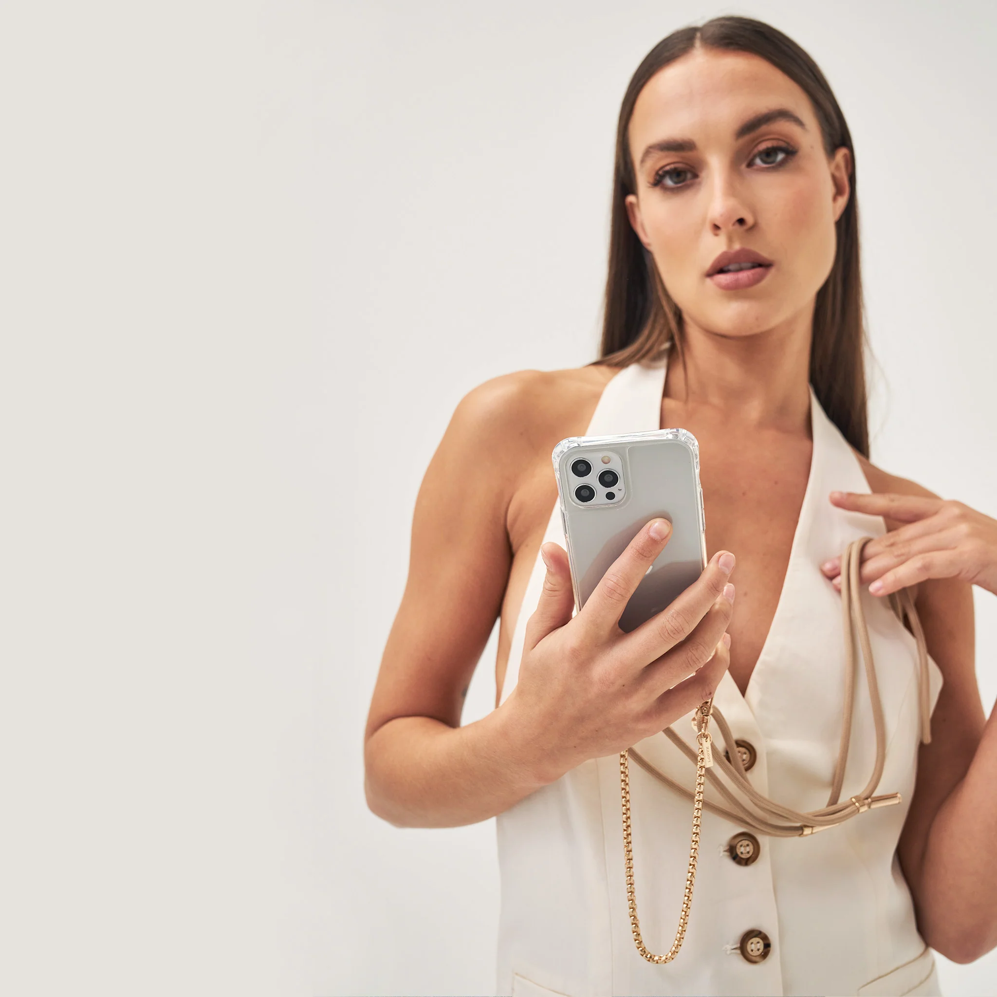 Clear Phone Case + Gaia Wristlet + Pearl Chain + Bisque Beige Strap - Image 10