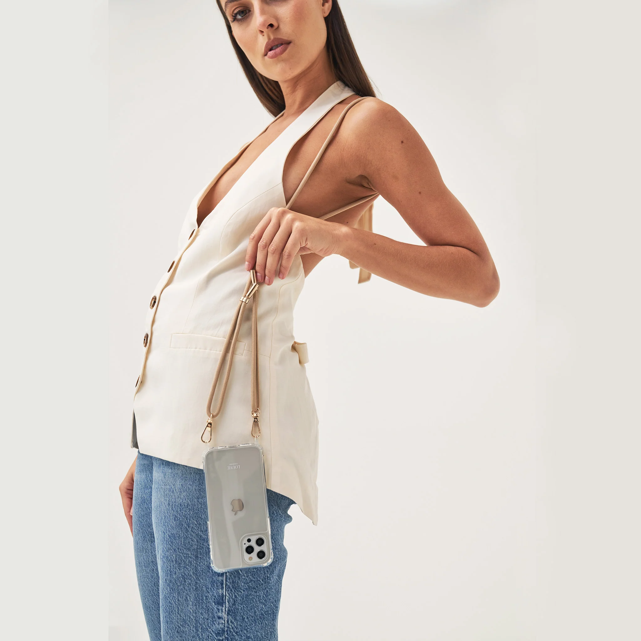 Clear Phone Case + Gaia Wristlet + Pearl Chain + Bisque Beige Strap - Image 11