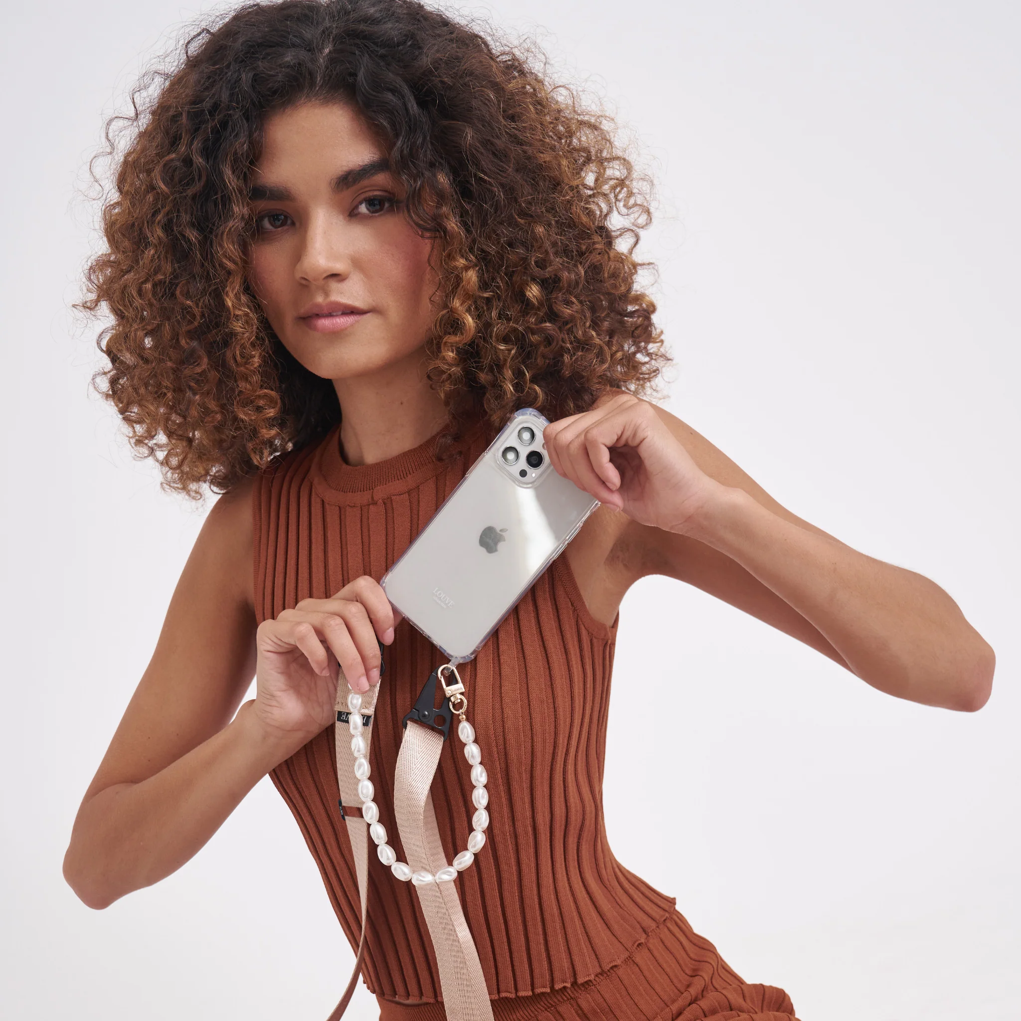 Clear Phone Case + Pearl Wristlet + Nude Crossbody Lanyard - Image 11