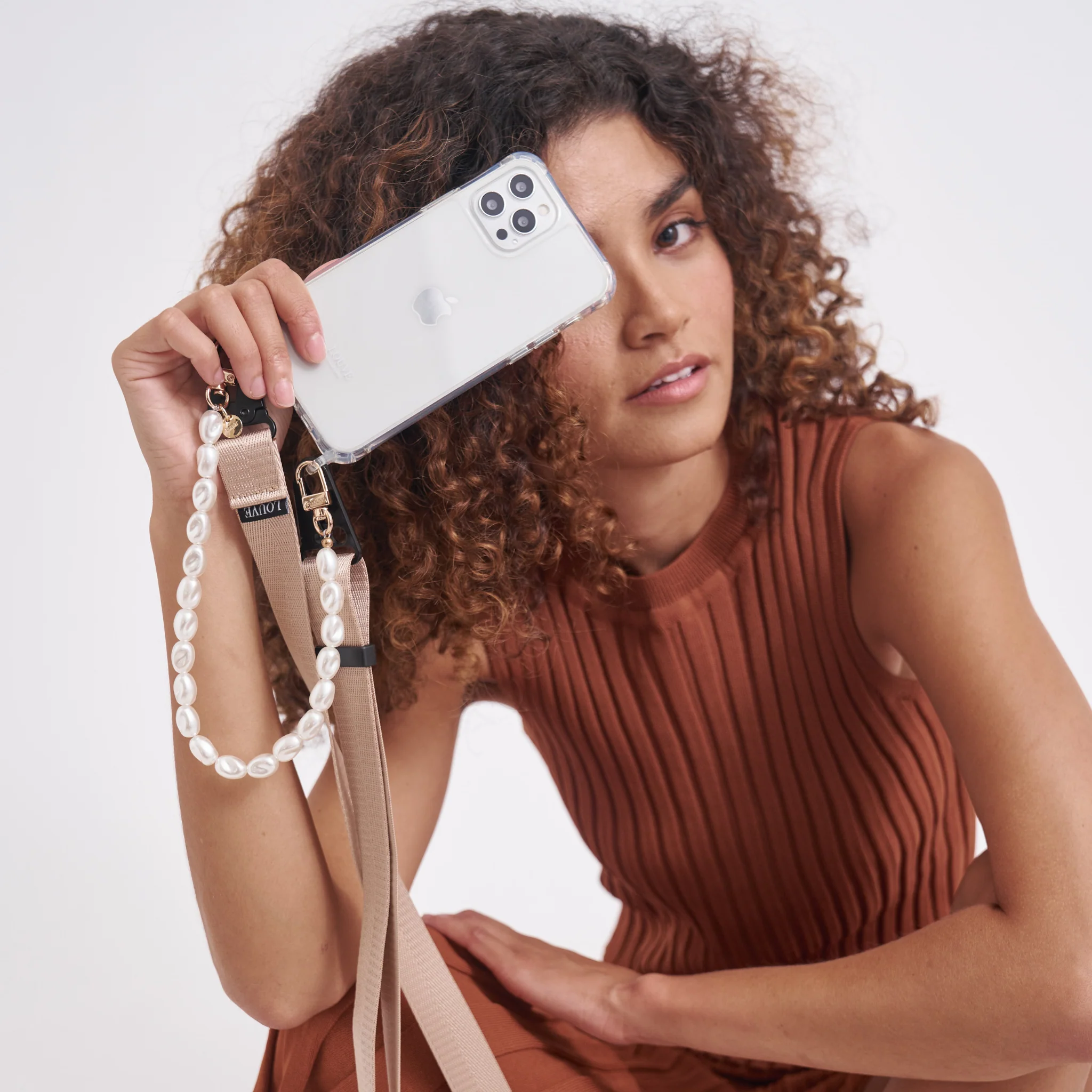 Clear Phone Case + Pearl Wristlet + Nude Crossbody Lanyard - Image 16