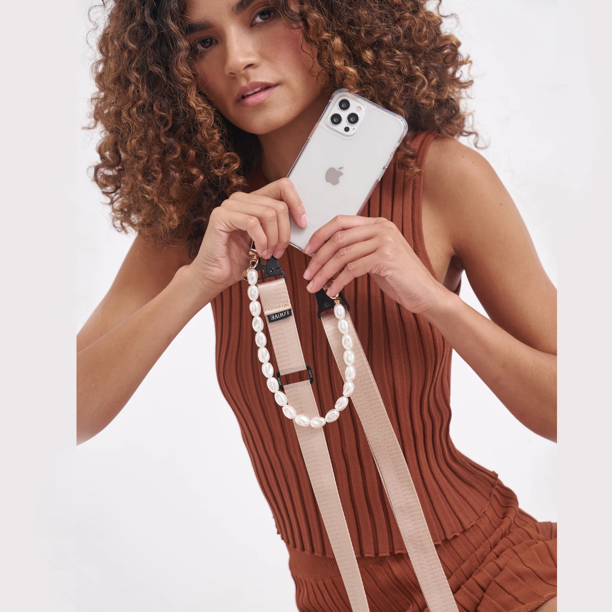 Clear Phone Case + Pearl Wristlet + Nude Crossbody Lanyard - Image 3